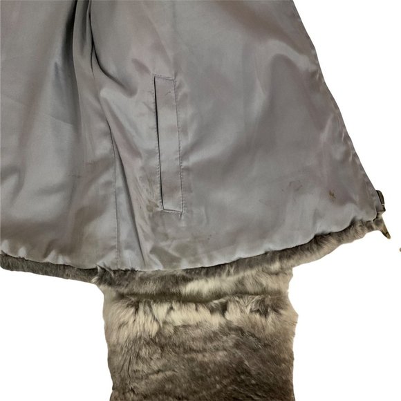June Grey Reversible Rabbit Fur Jacket Leather Trim/polyester Side Jacket Size L - Picture 13 of 16